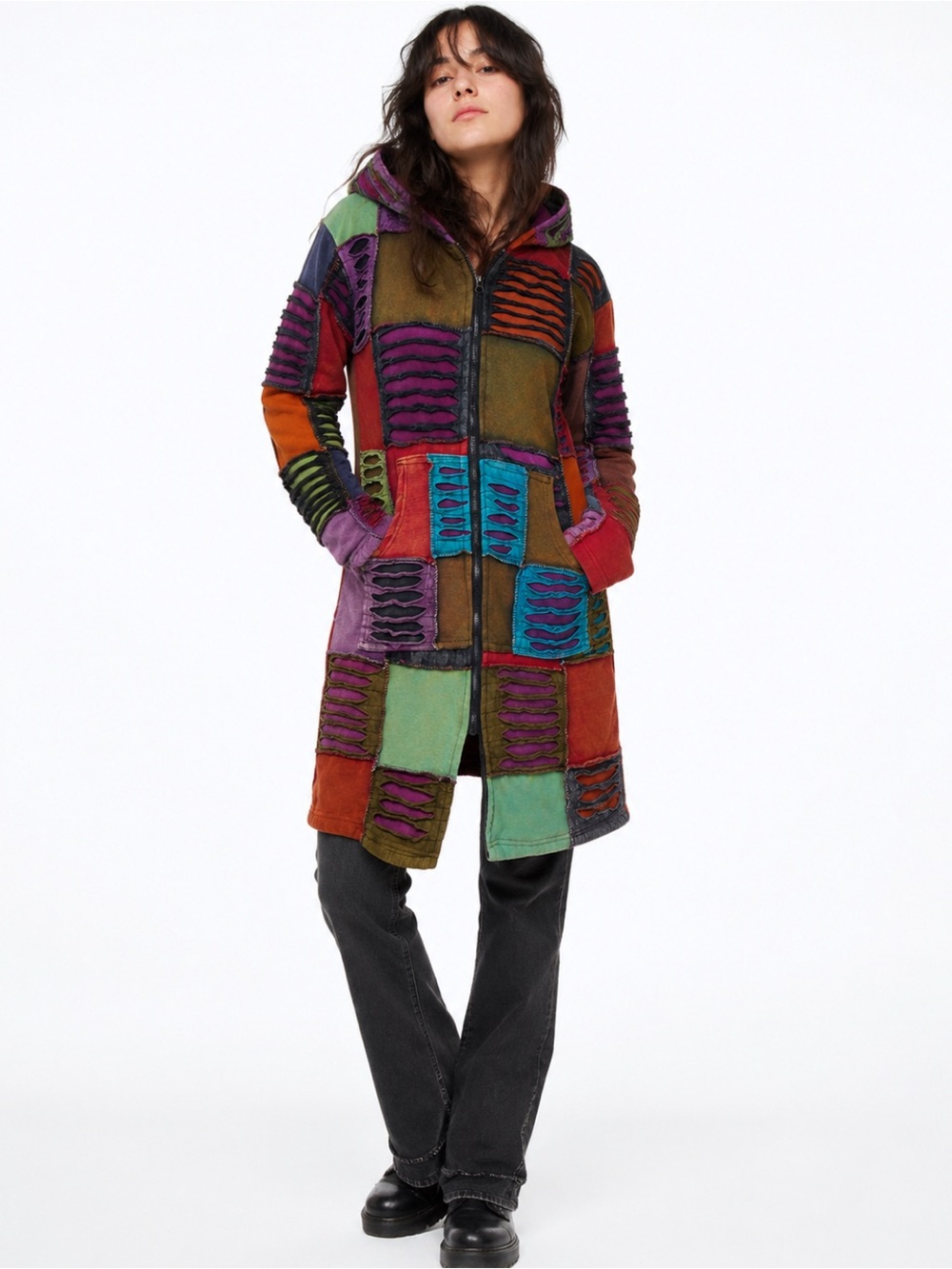 Nepal Patchwork Boho Hooded Utility Jacket in Multi-Color Medium but fits Small